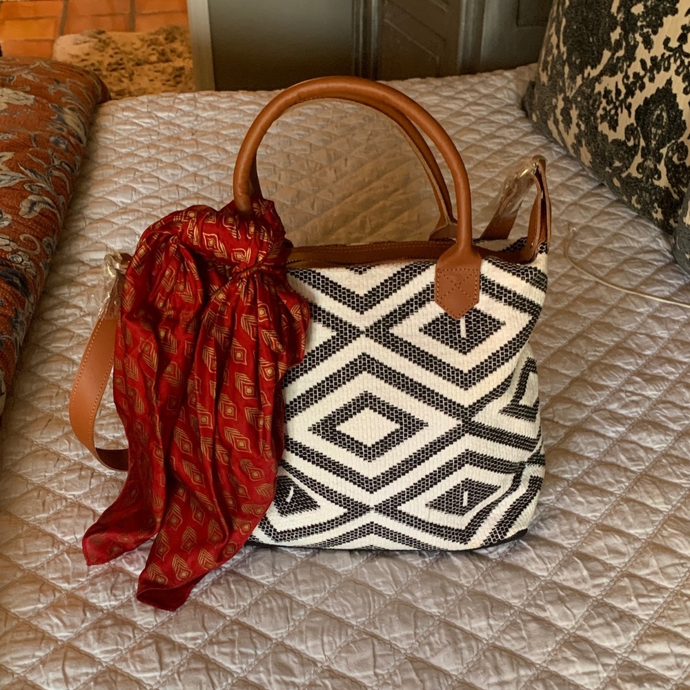 New!  Procured by Rachel Zoe by Tribe Alive India Tote Bag with camel trim